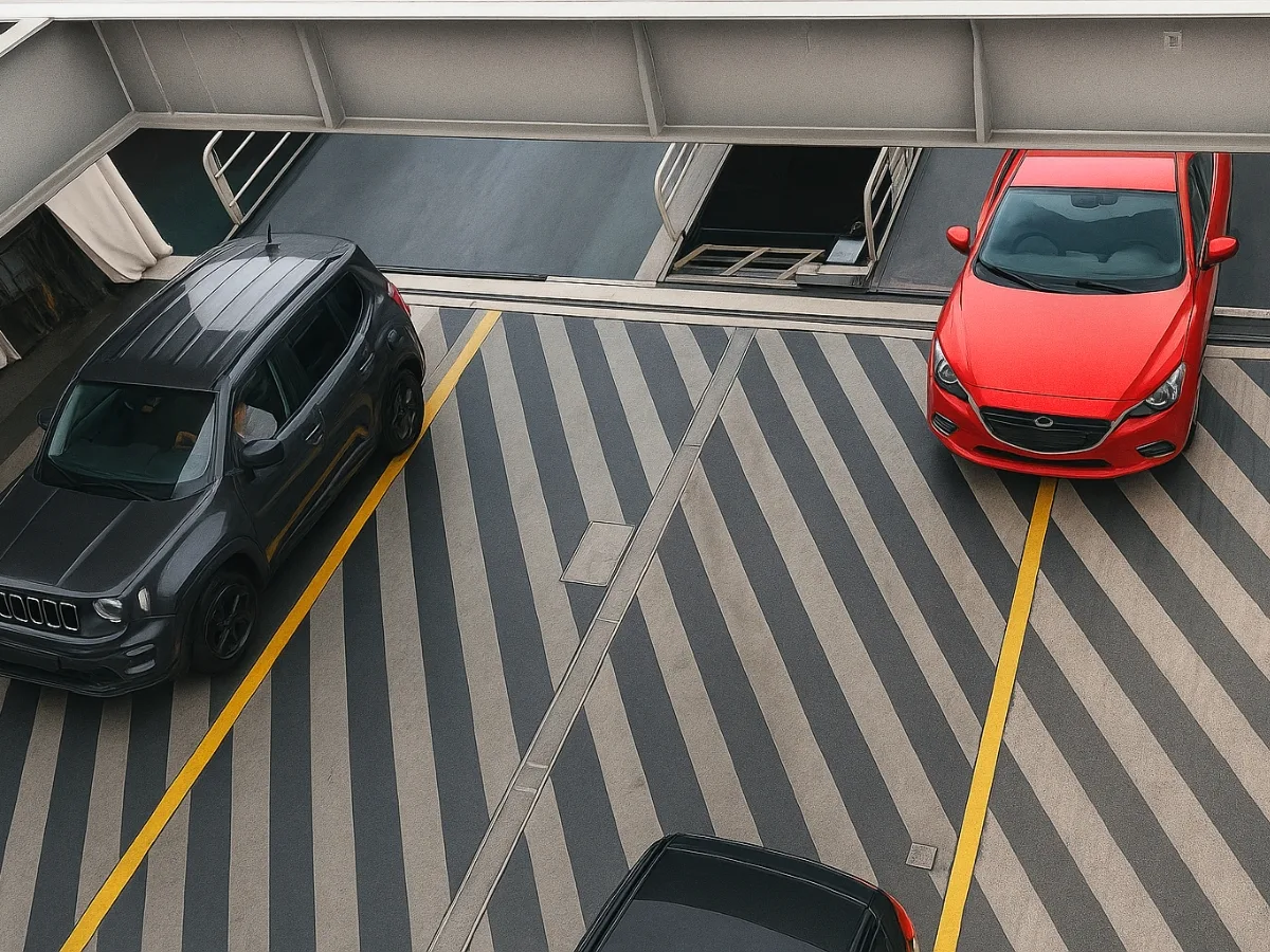 Cars and lane markings on a ferry deck