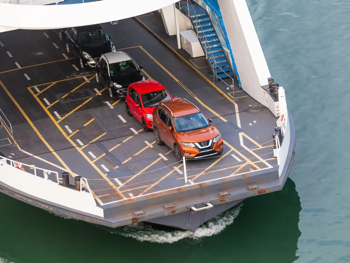 Overhead view of cars on a ferry deck