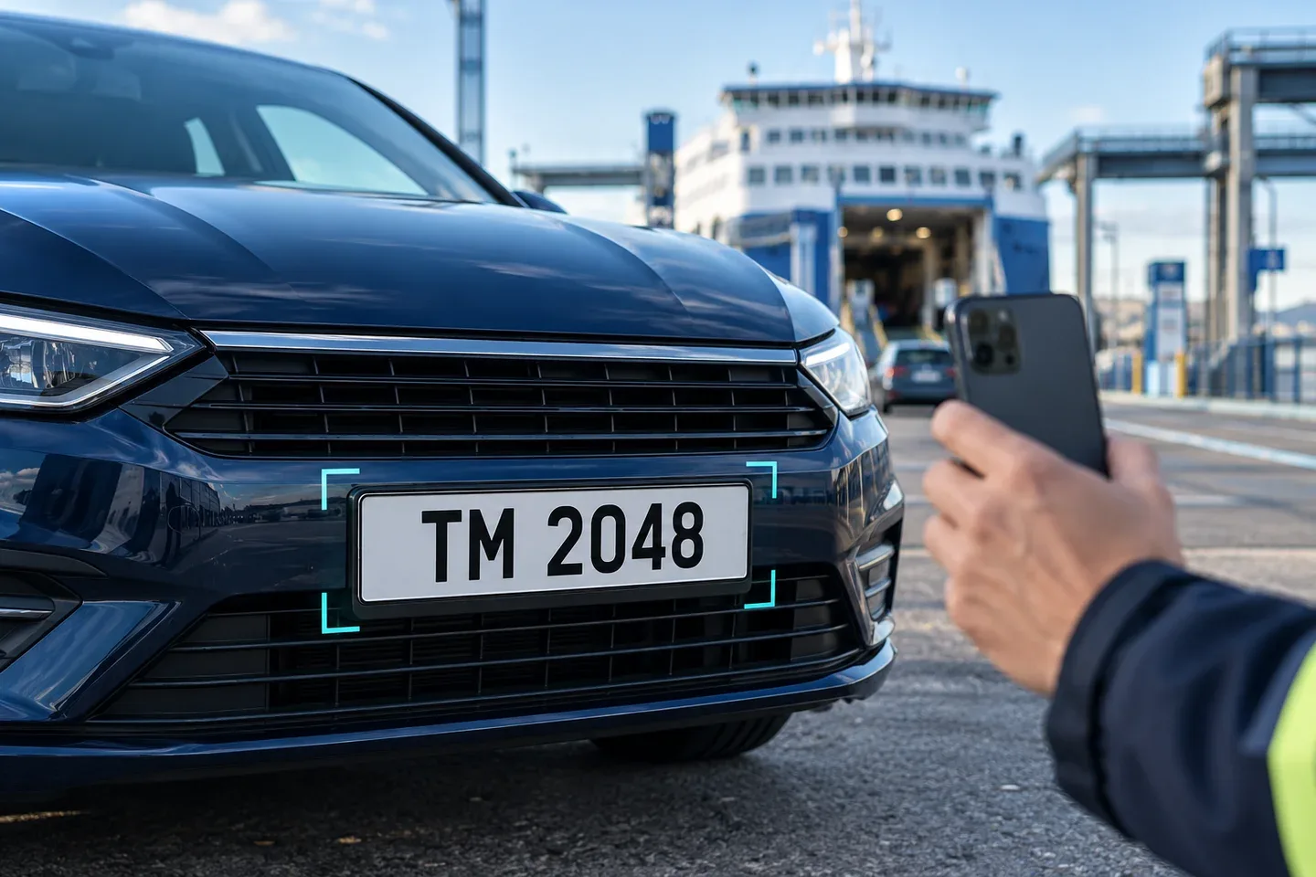 AI-generated illustration of a smartphone aimed at a fictional TM 2048 number plate at a ferry terminal.