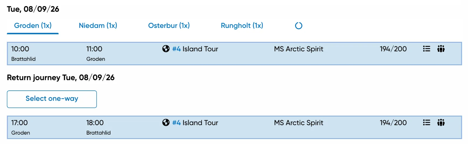 Actual Travelmanager departure selection and passenger availability; vehicle requirements depend on the configured setup