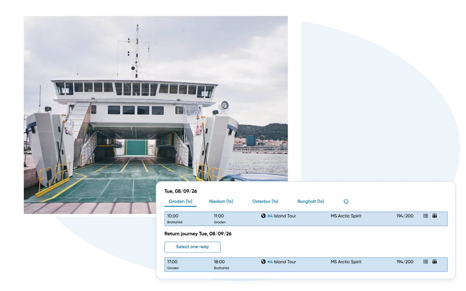 Ferry operating photograph with an actual Travelmanager booking view