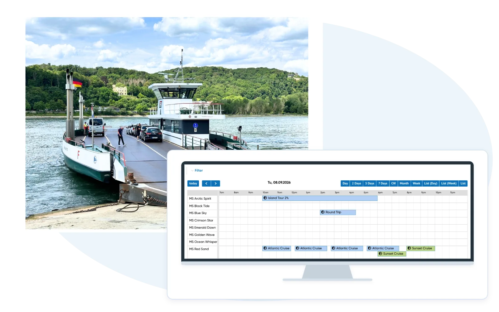 Ferry operating photograph with an actual Travelmanager vessel timetable