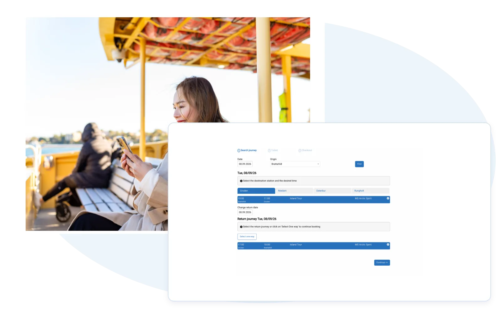 Ferry operating photograph with an actual Travelmanager online journey selection