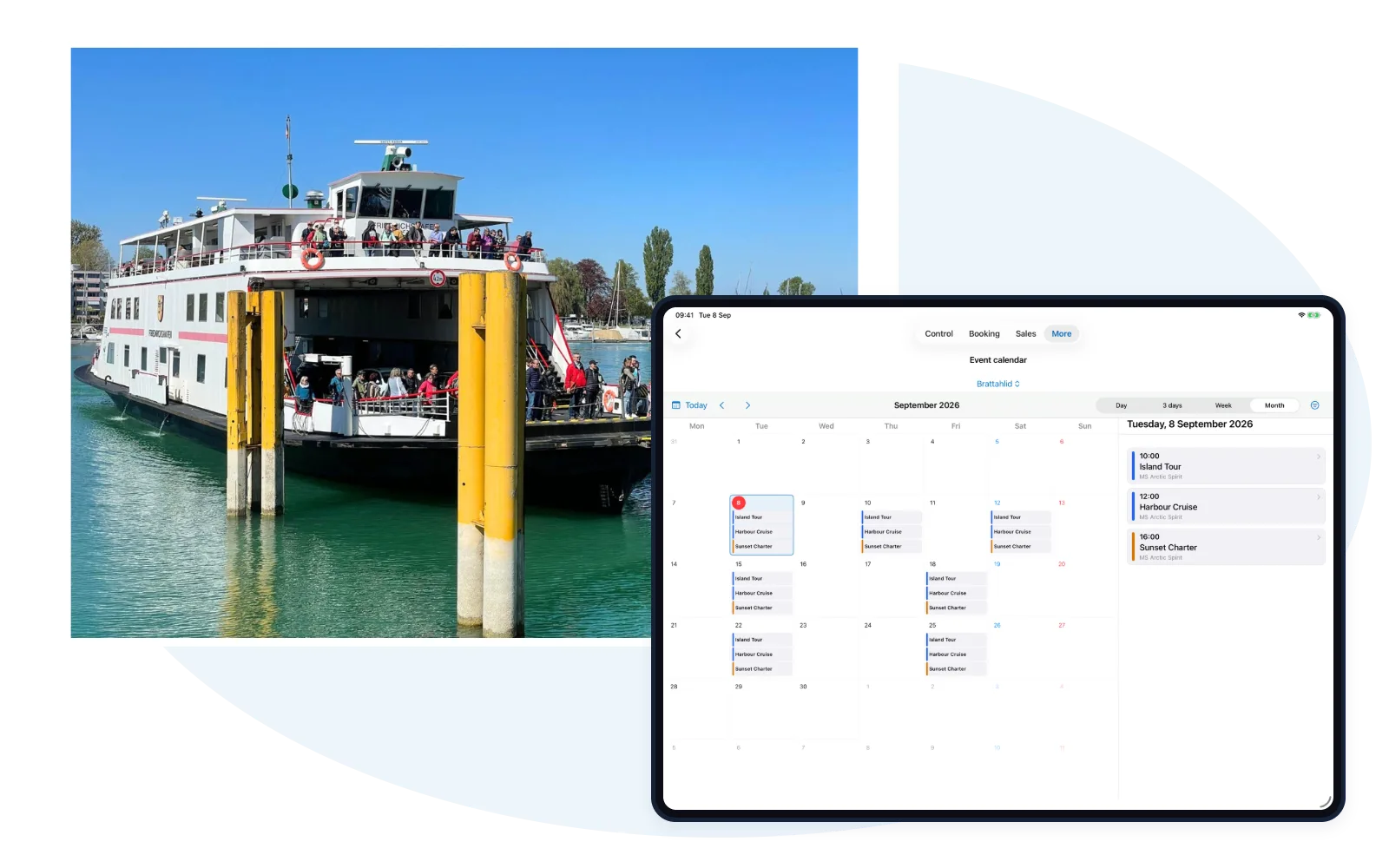 Ferry operating photograph with an actual Travelmanager iPad event calendar