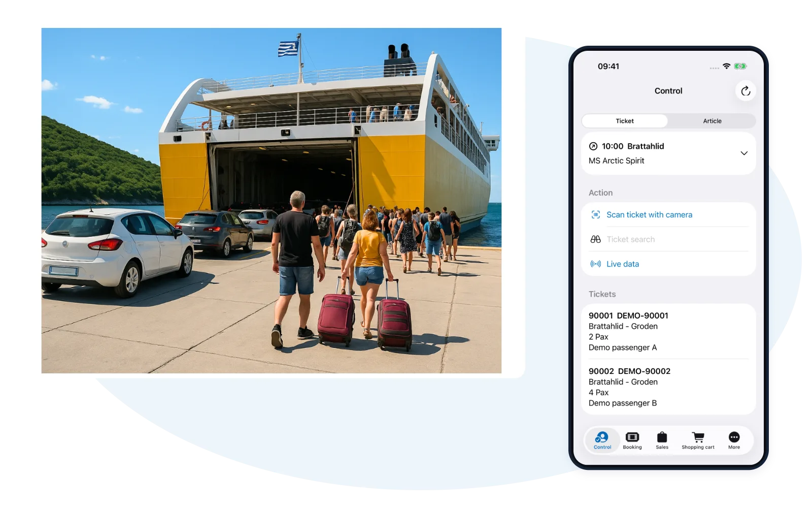 Ferry operating photograph with an actual Travelmanager ticket control screen