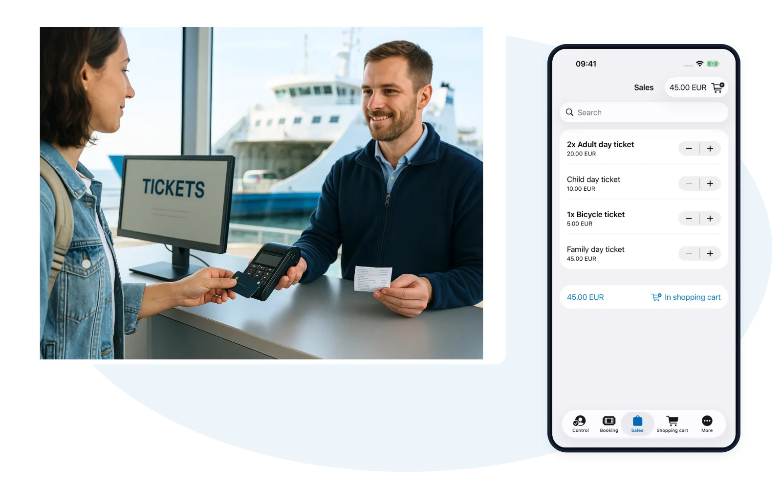 Ferry operating photograph with an actual Travelmanager mobile sales screen
