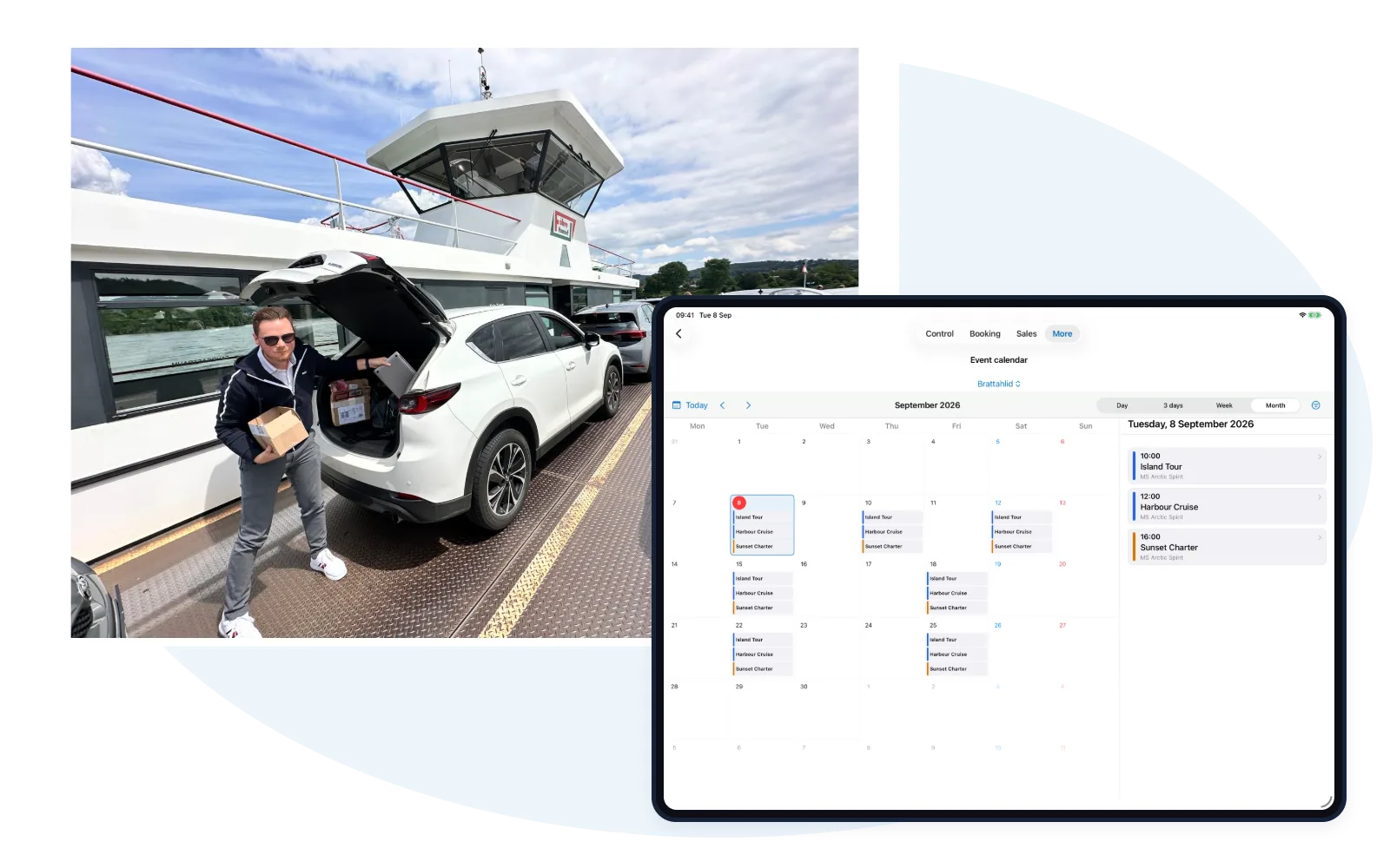 Ferry operating photograph with an actual Travelmanager iPad event calendar