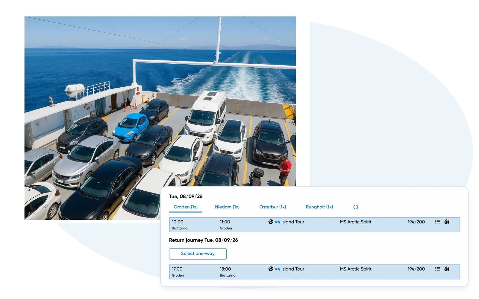 Ferry operating photograph with an actual Travelmanager booking view
