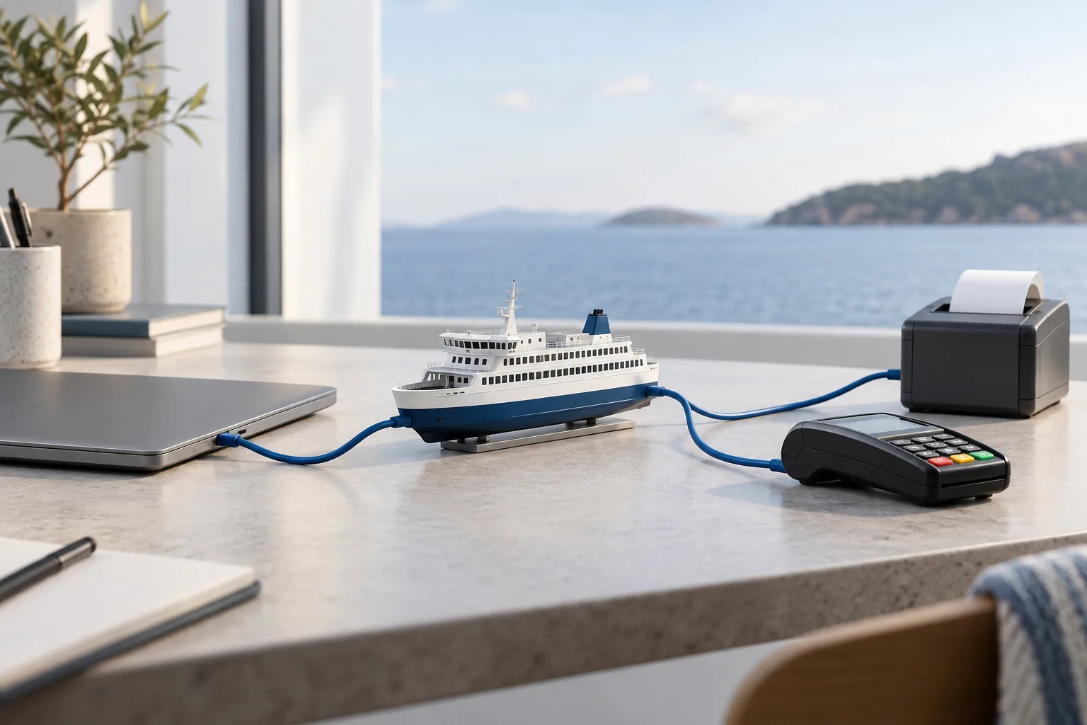 Conceptual illustration of connected ferry booking and payment systems