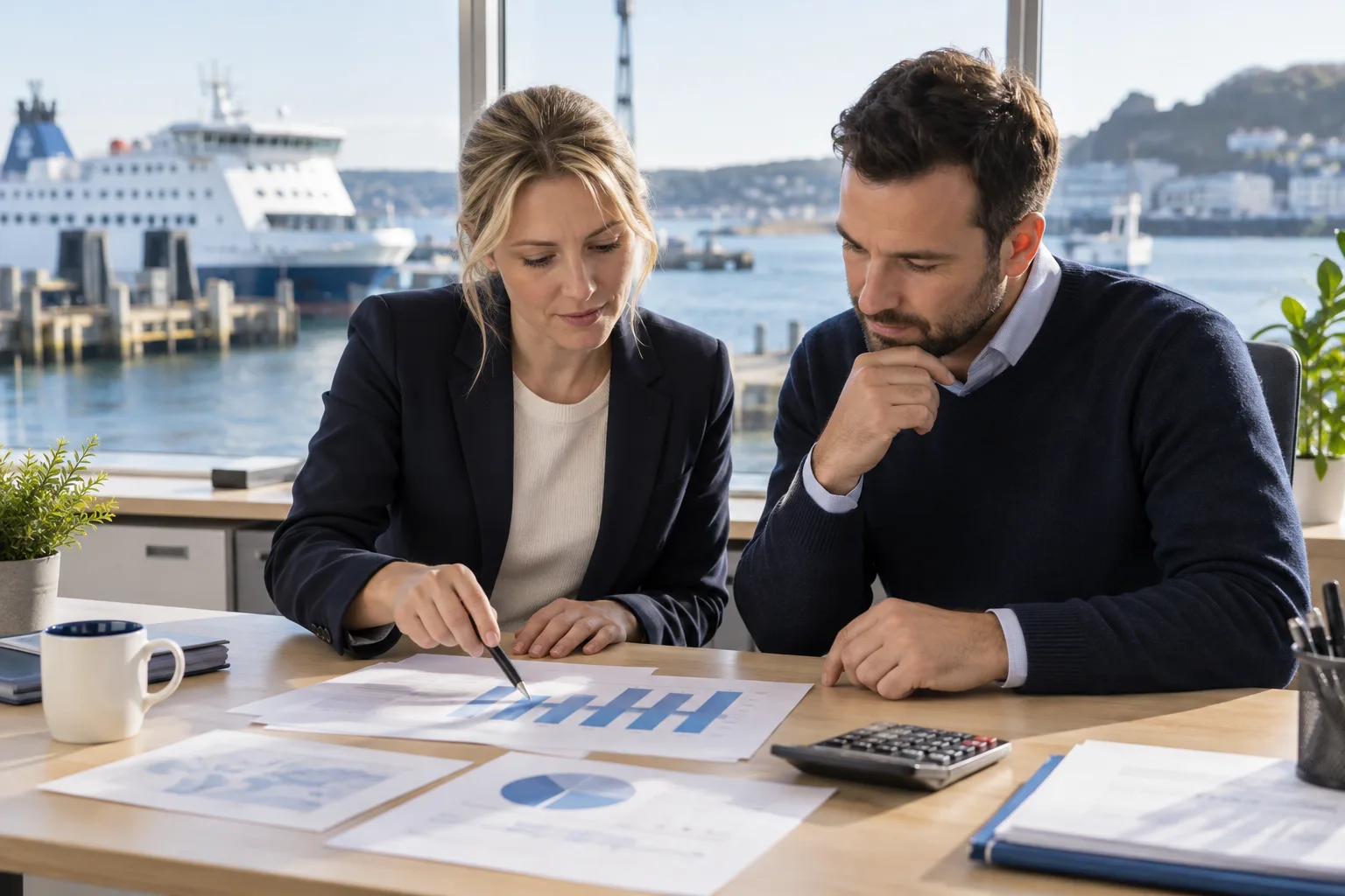 Illustrative ferry office team reviewing operating figures