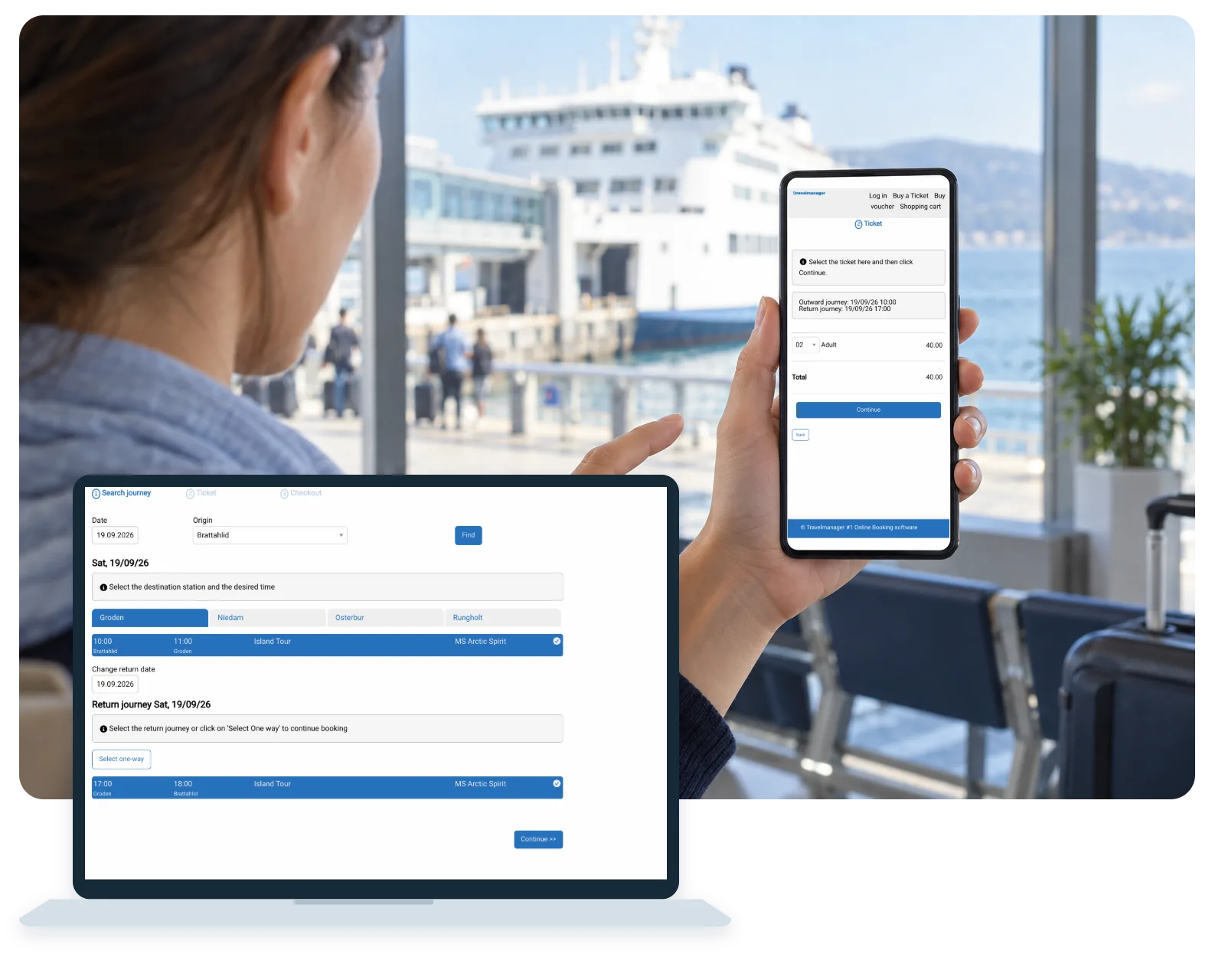 Illustrative traveller with a Travelmanager mobile booking view