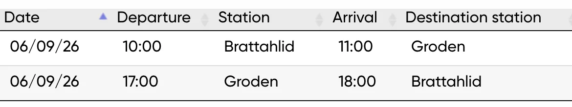 Actual Travelmanager daily booking overview showing dates, departure and arrival times, and origin and destination stations