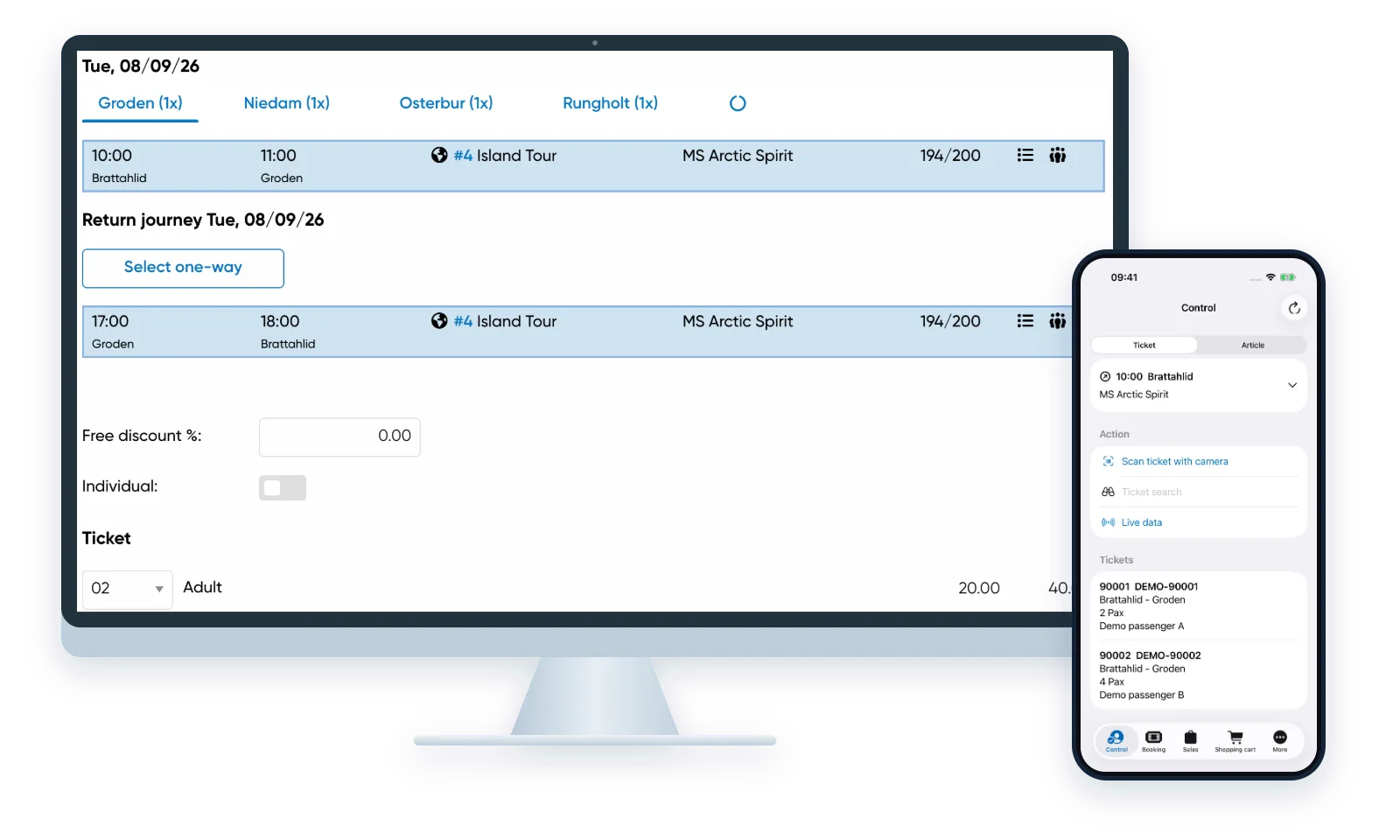 Actual Travelmanager booking software on a monitor, with the iPhone ticket-control app alongside