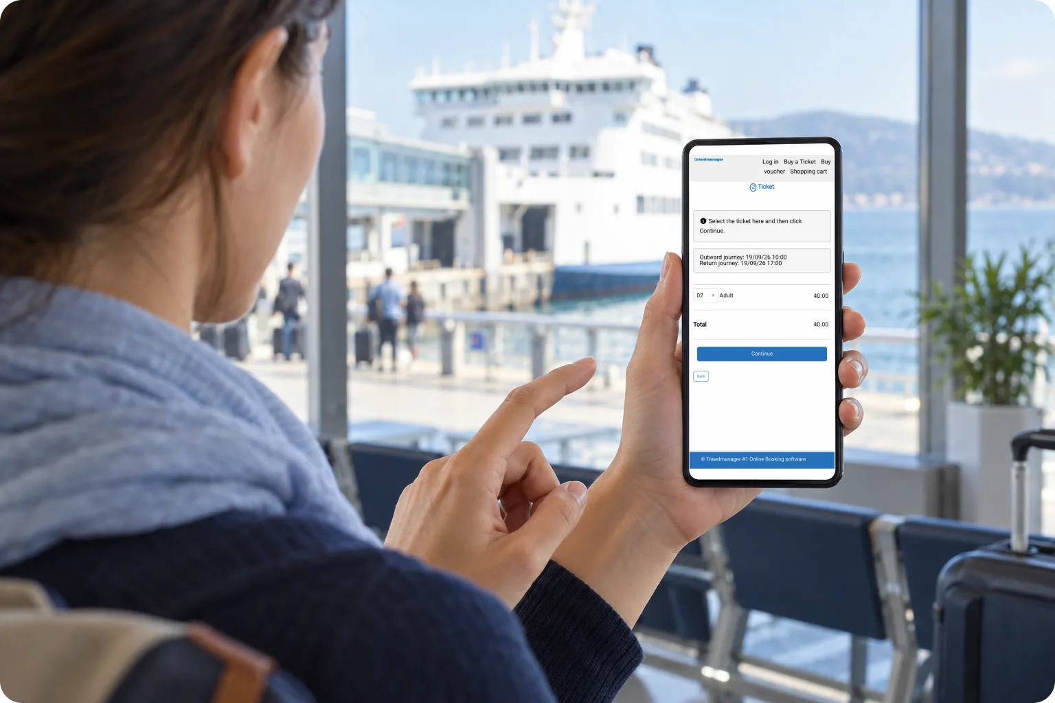 Illustrative traveller using a smartphone with the actual Travelmanager online ticket-booking screen