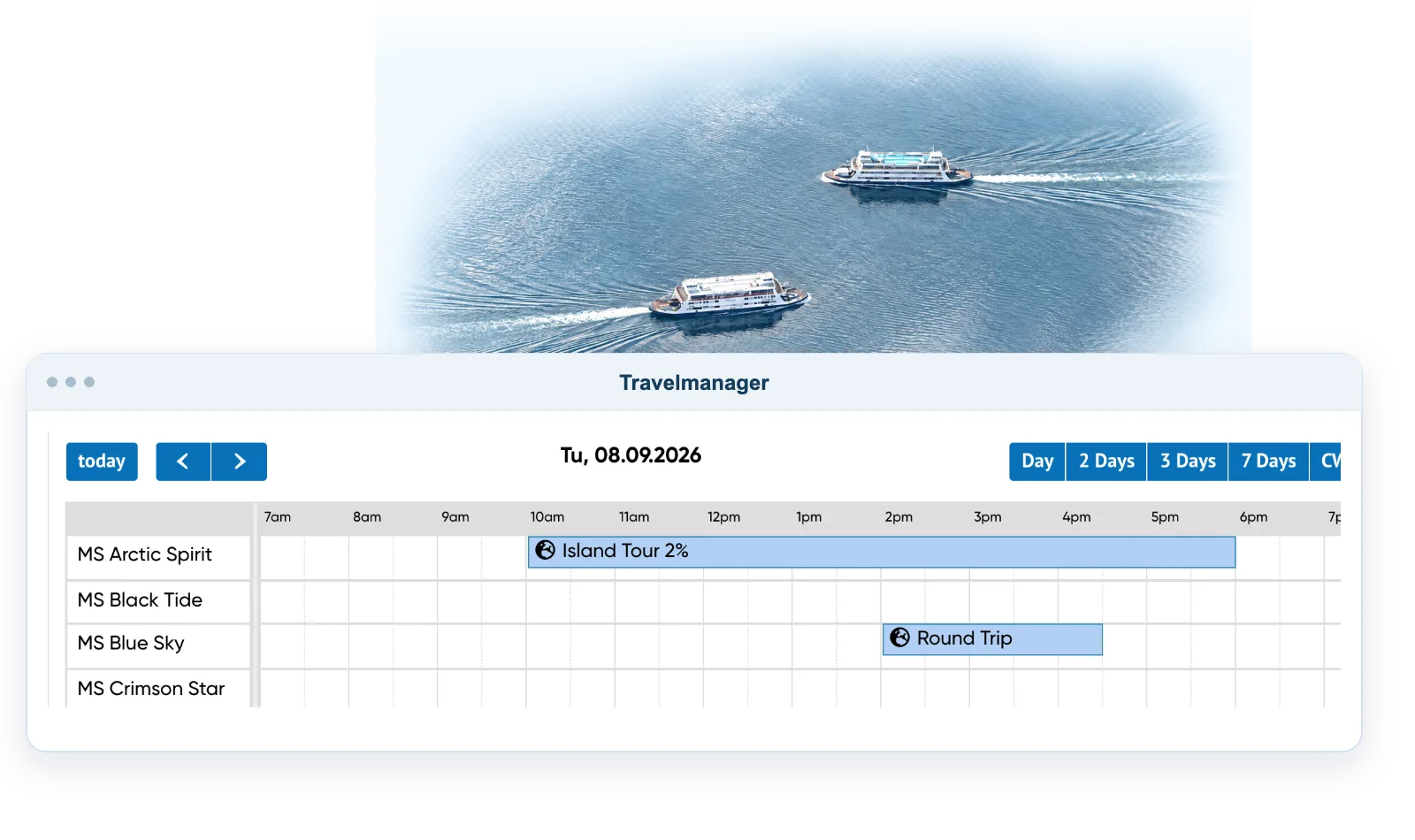 Travelmanager fleet timetable in a browser mockup, with a contextual image of two ferries underway