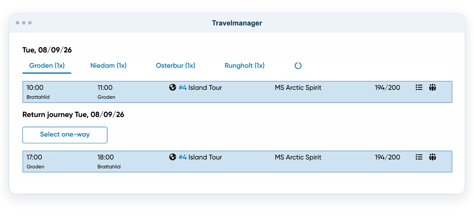 Actual Travelmanager departure selection showing route stations, departure and arrival times, MS Arctic Spirit and capacity indicators for outward and return journeys