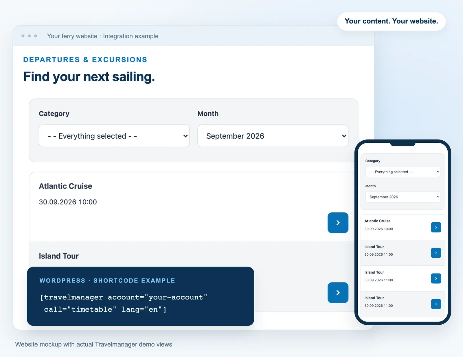 Website integration mockup combining actual Travelmanager departure views on desktop and mobile with a shortcode example.