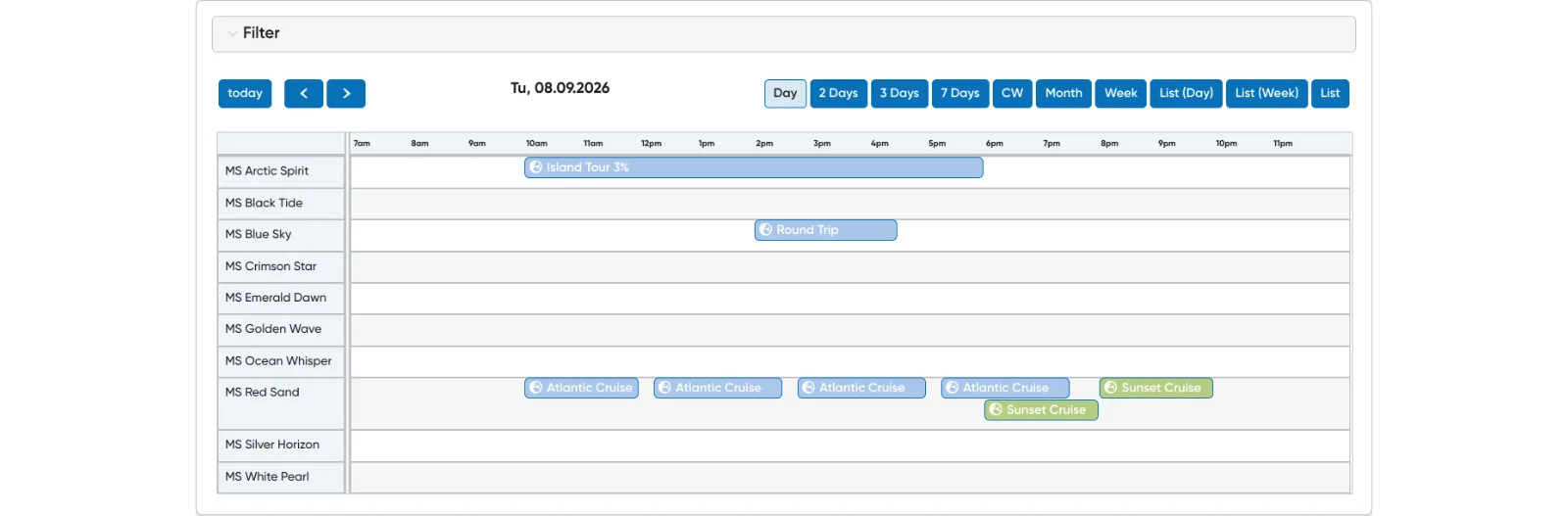 Travelmanager vessel timetable showing services by vessel and time of day