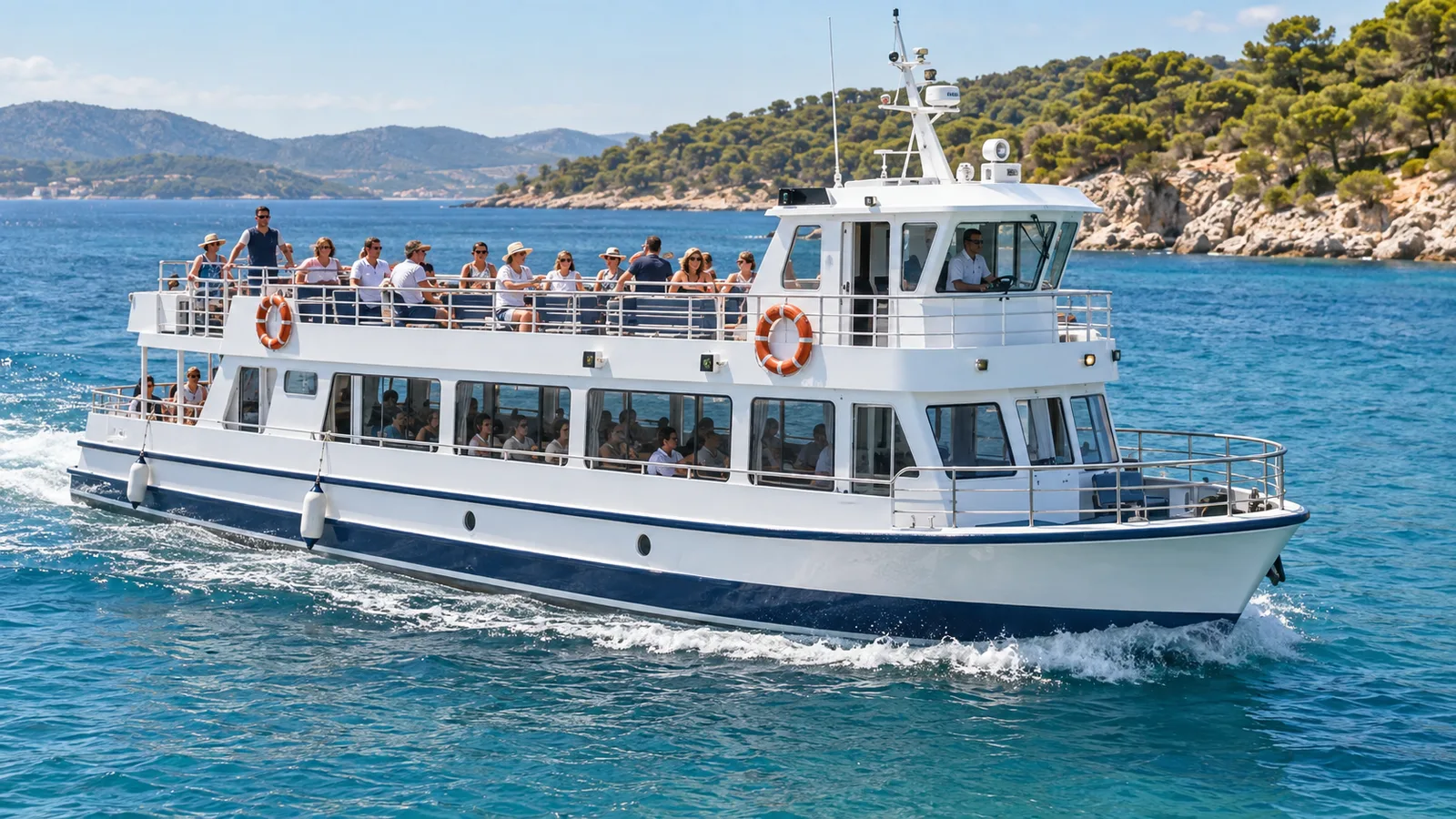 Illustrative coastal excursion boat with guests enjoying its open upper deck