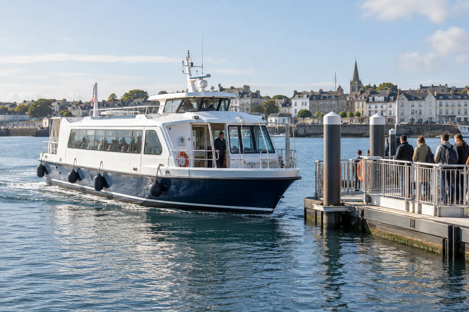 Illustrative passenger harbour ferry arriving beside a city pontoon