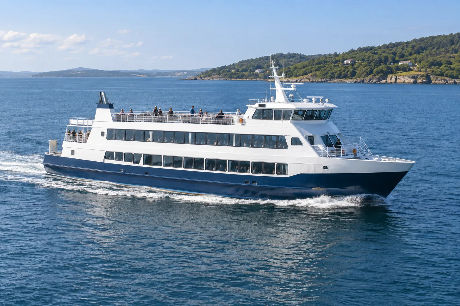 Illustrative passenger ferry carrying travellers on a coastal crossing