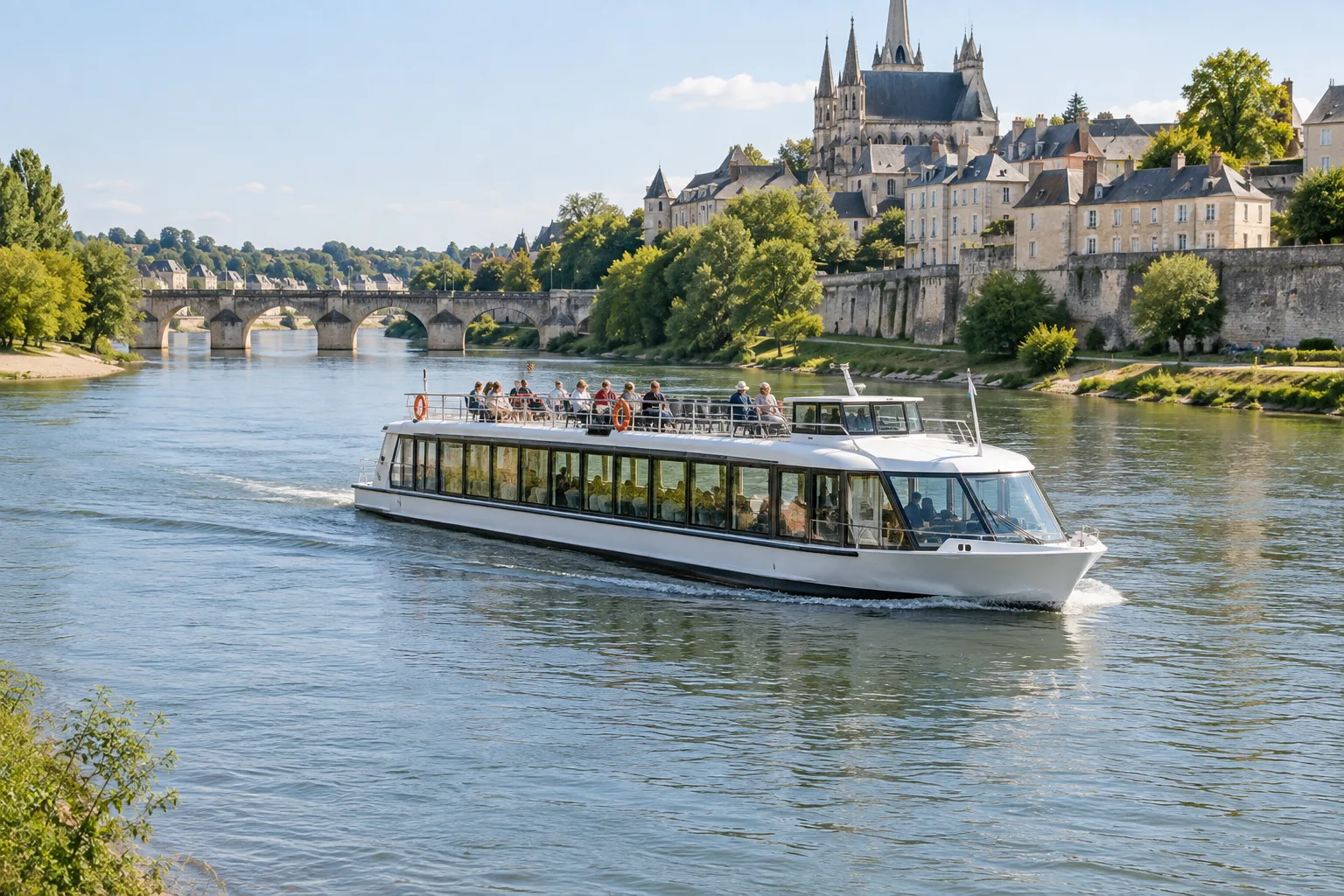 Illustrative daytime river sightseeing boat passing a riverside town