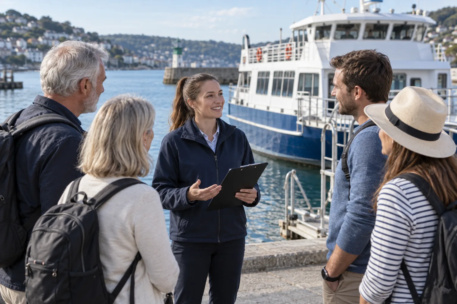 Illustrative tour organiser helping guests beside a vessel