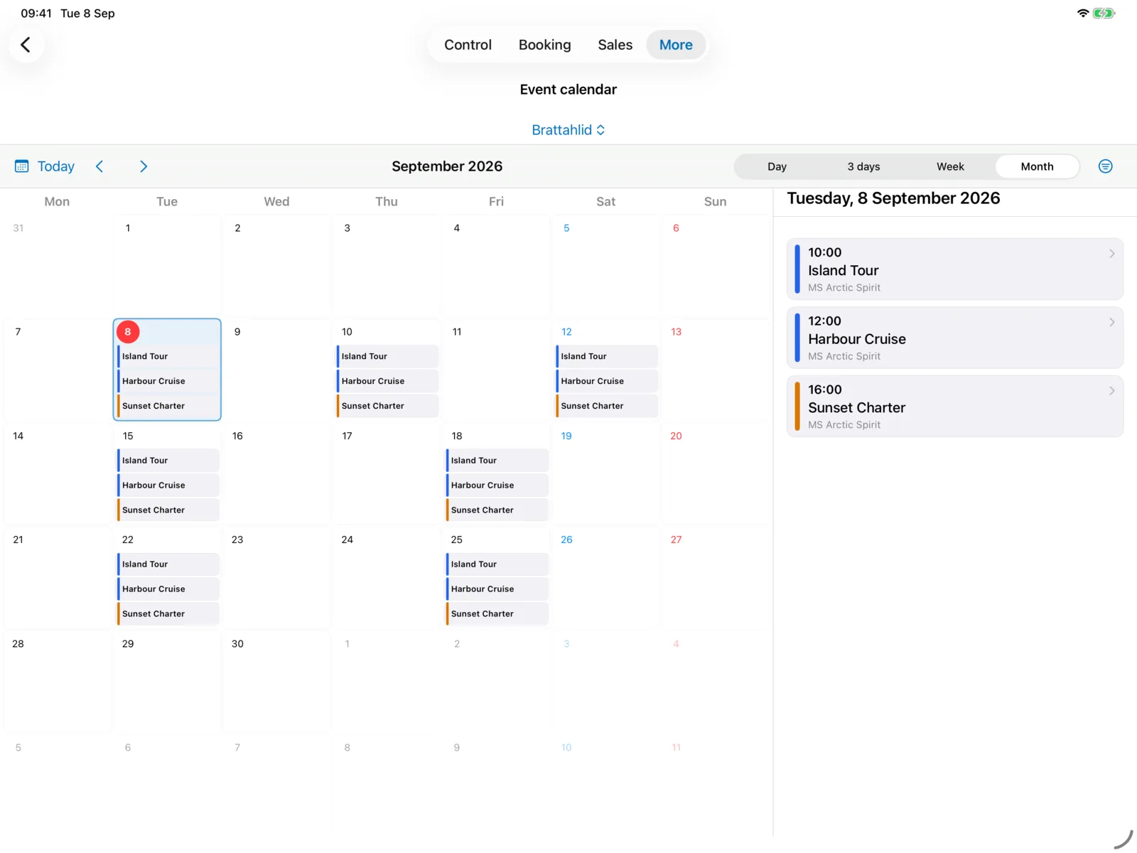 Actual Travelmanager iPad month calendar and daily agenda