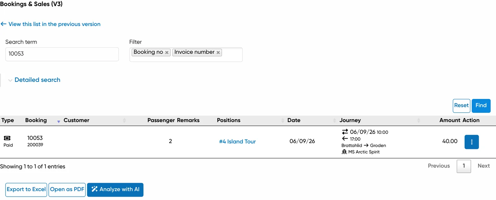 Actual Travelmanager bookings and sales list