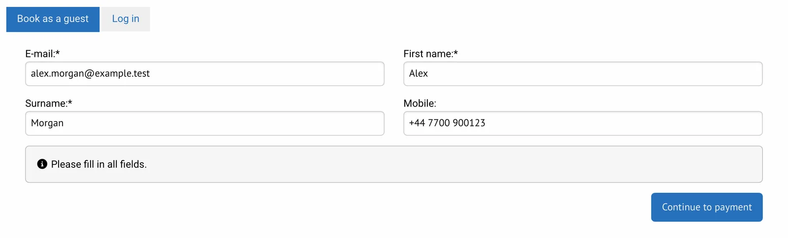 Actual guest-details stage of online booking