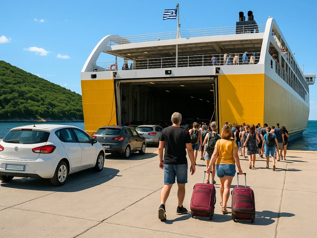 Passengers and cars boarding a ferry